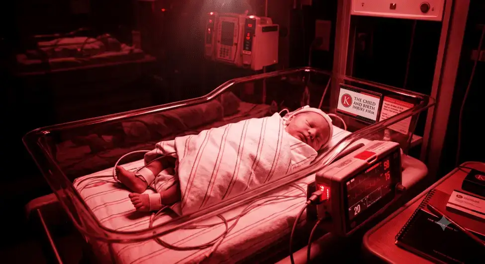 Newborn infant in hospital bassinet with medical monitoring equipment attached, photographed with dramatic red and black color overlay consistent with The Child and Birth Injury Firm branding, conveying urgency and protection.