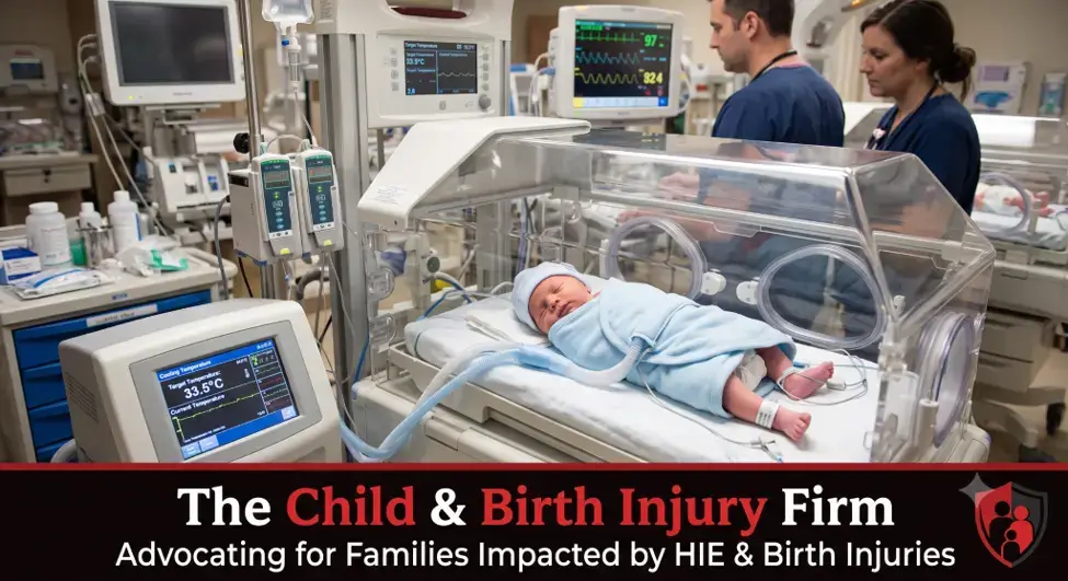 Newborn infant in NICU receiving cooling therapy blanket treatment for HIE (hypoxic-ischemic encephalopathy), clinical setting with red and black overlay branded for The Child and Birth Injury Firm